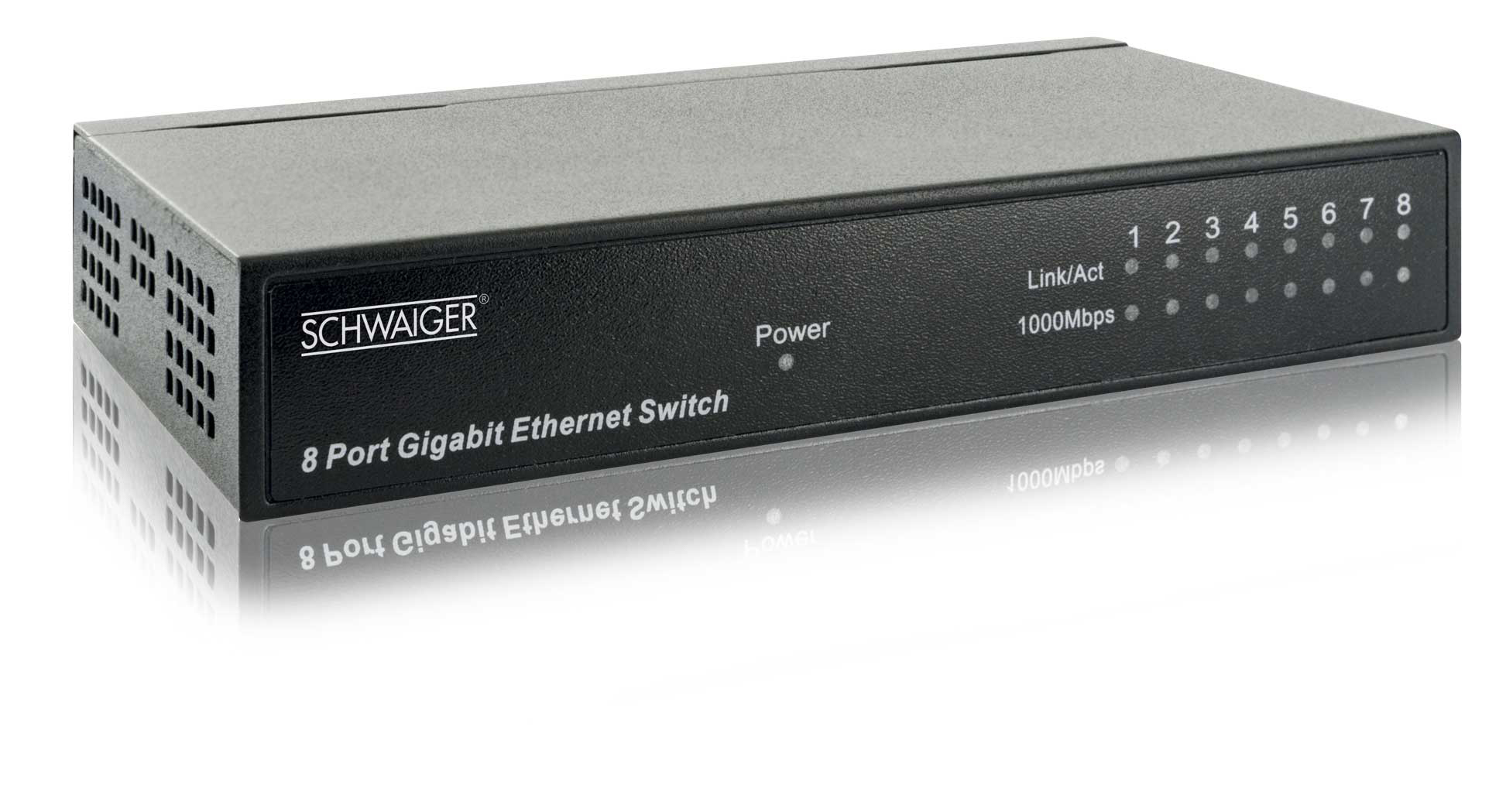 Schwarzer 8-Port Gigabit Ethernet Switch. Grauer Deckel, weißer Text und Lichter. Weißer Hintergrund.