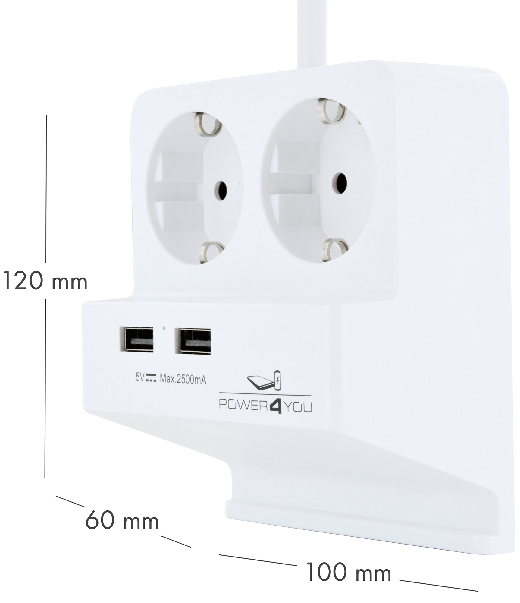 Weiße Steckdose mit zwei Steckdosen und zwei USB-Anschlüssen. Inklusive Abmessungen in mm.