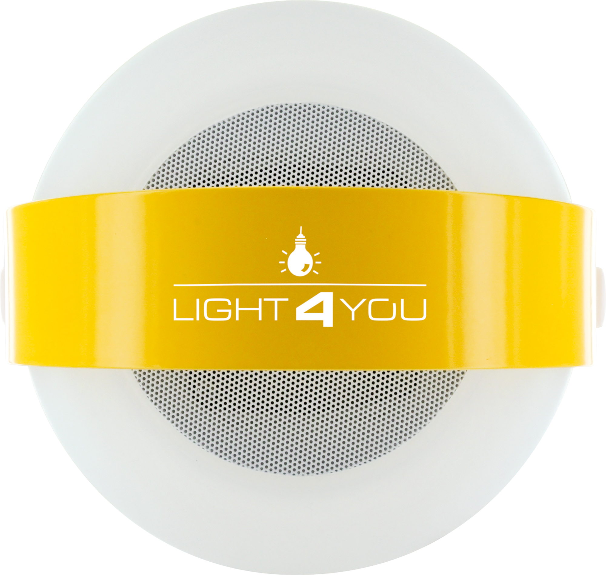 Weiße runde Deckenleuchte mit gelbem Band. Mitte mit Netz und Text LIGHT 4 YOU.