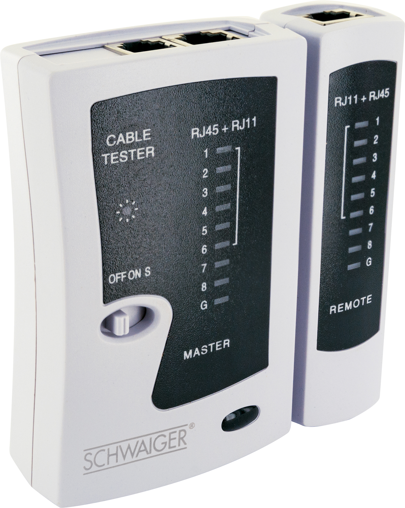 Zwei weiße Kabeltester mit der Aufschrift MASTER und REMOTE. Sie haben RJ45- und RJ11-Anschlüsse.