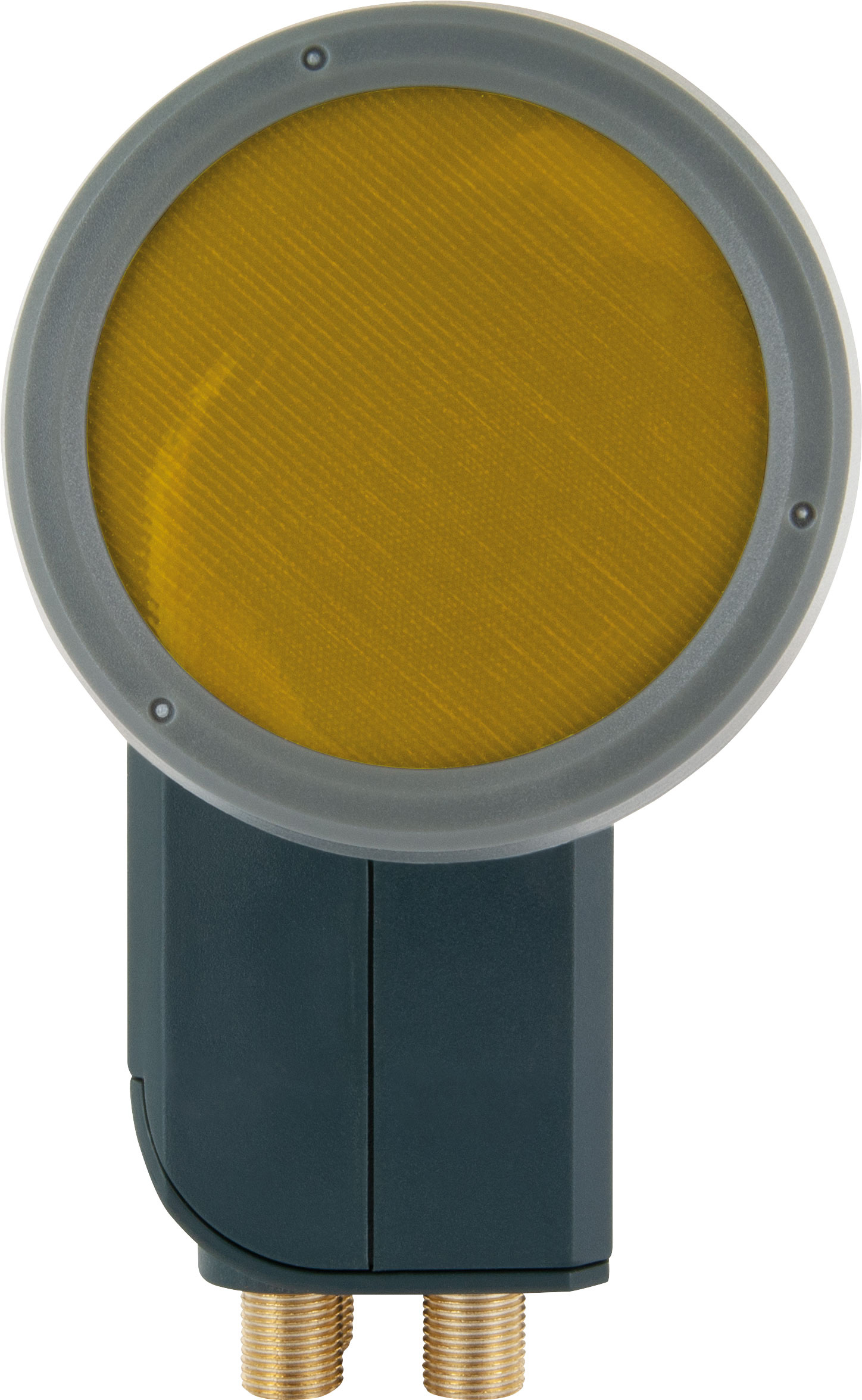 Ein Sensor mit gelber Linse und grauem Ring, verbunden mit dunkler Basis.