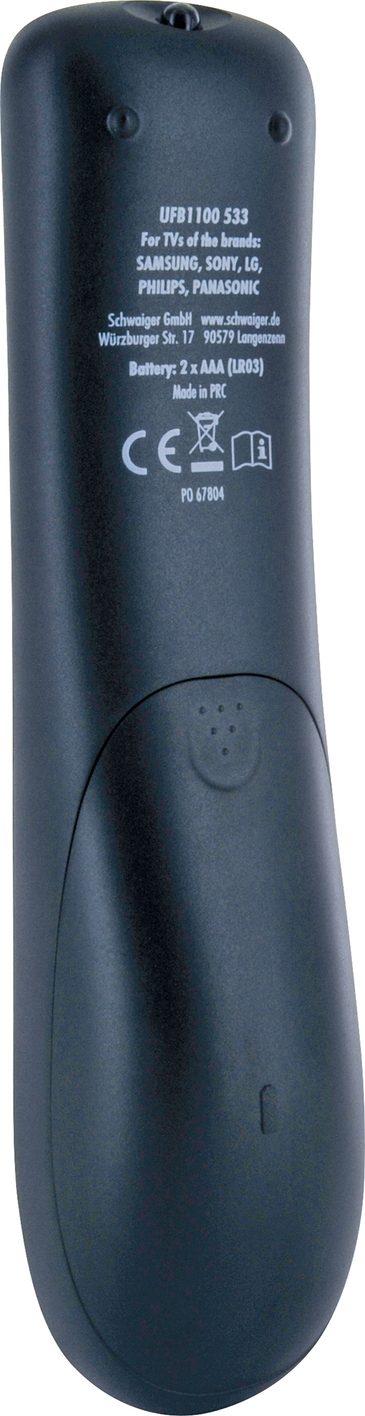 Czarny tył pilota. Tekst zawiera markę, model i informacje o baterii. Widoczne oznakowanie CE.