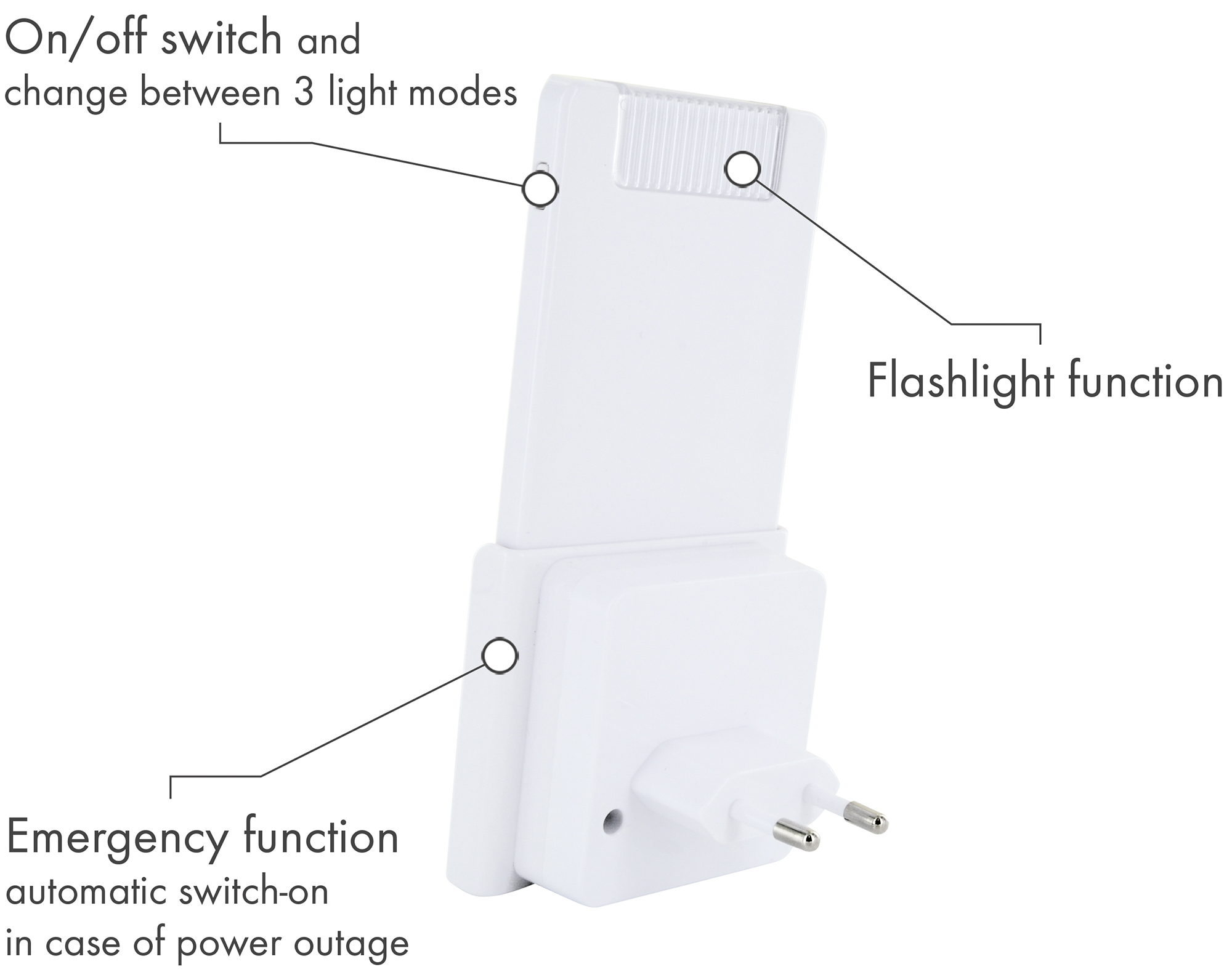 Weißes Nachtlicht mit Stecker, mit Textbeschriftungen, die auf Funktionen zeigen. Weißer Hintergrund.