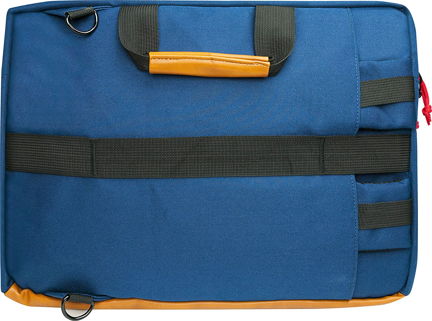 Draufsicht auf eine blaue und braune Laptoptasche mit schwarzen Riemen und braunem Griff. Rote Schnurdetails.