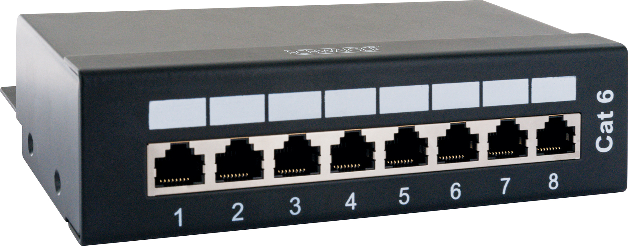 Schwarzes Netzwerkpanel mit acht RJ45-Anschlüssen. Weiße Portbezeichnungen und Text.