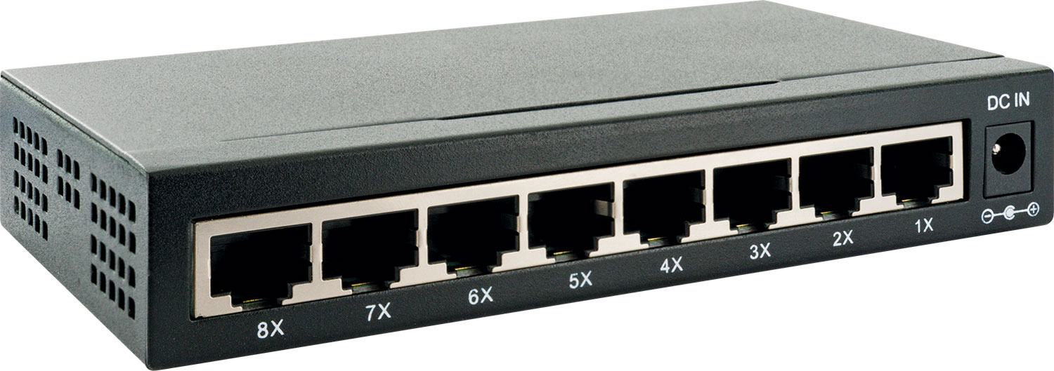 Schwarzer 8-Port-Netzwerk-Switch mit nummerierten Ports und einem DC-Eingang.