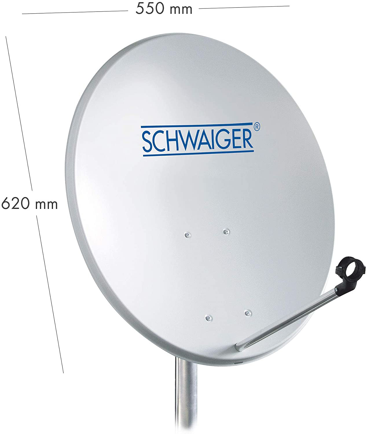 Satellitenschüssel mit dem Wort SCHWAIGER darauf, mit Messungen.