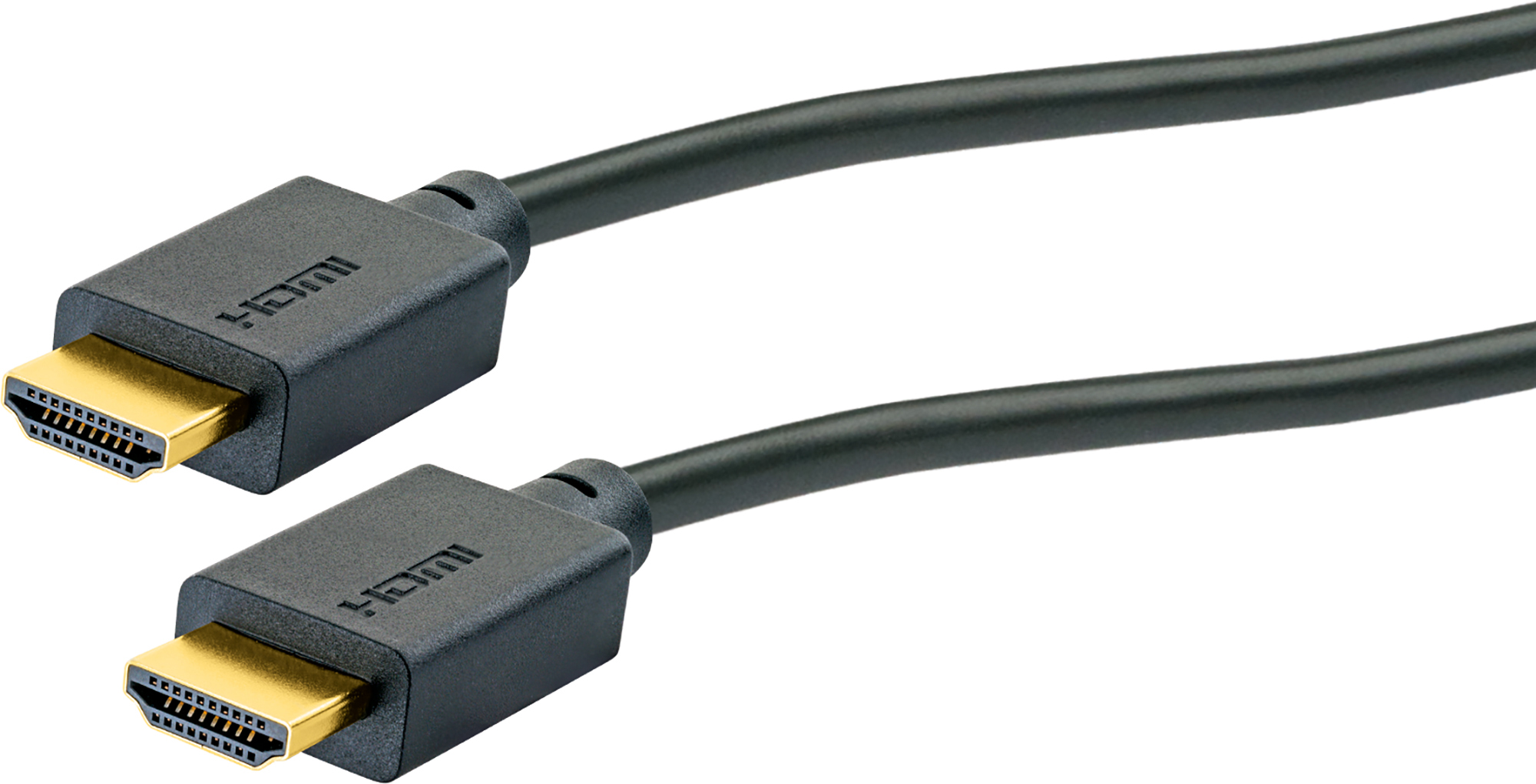 Zwei schwarze HDMI-Kabel mit goldenen Steckern auf weißem Hintergrund.