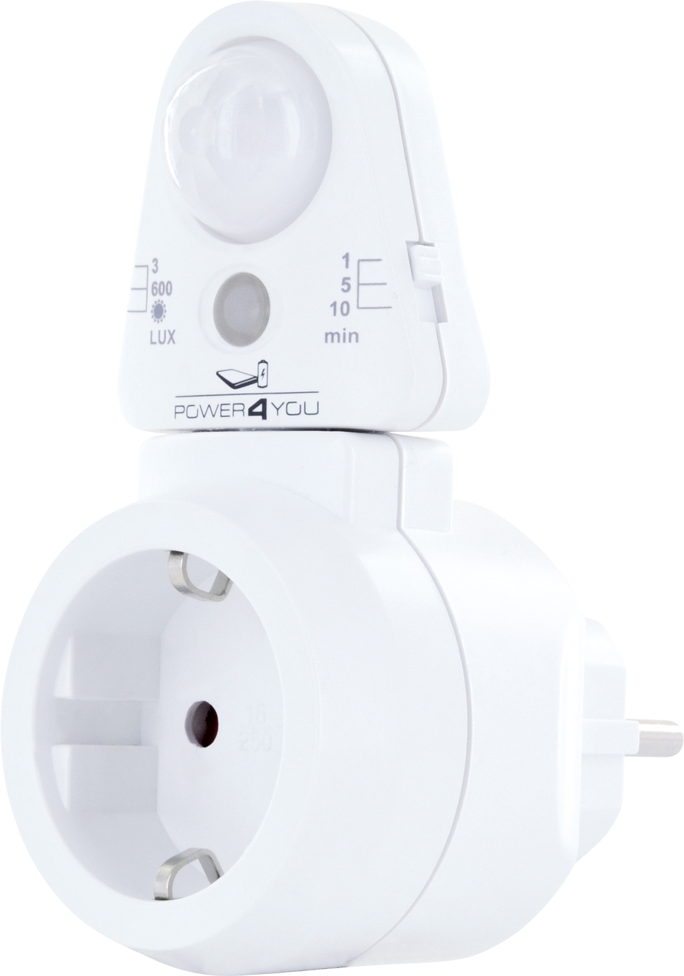 Weiße Bewegungsmelder-Steckdose mit Stecker, Einstellungen für LUX und Zeit.