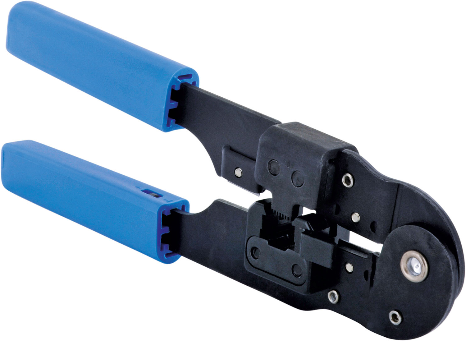 Crimpzange mit blauen Griffen und schwarzem Körper.