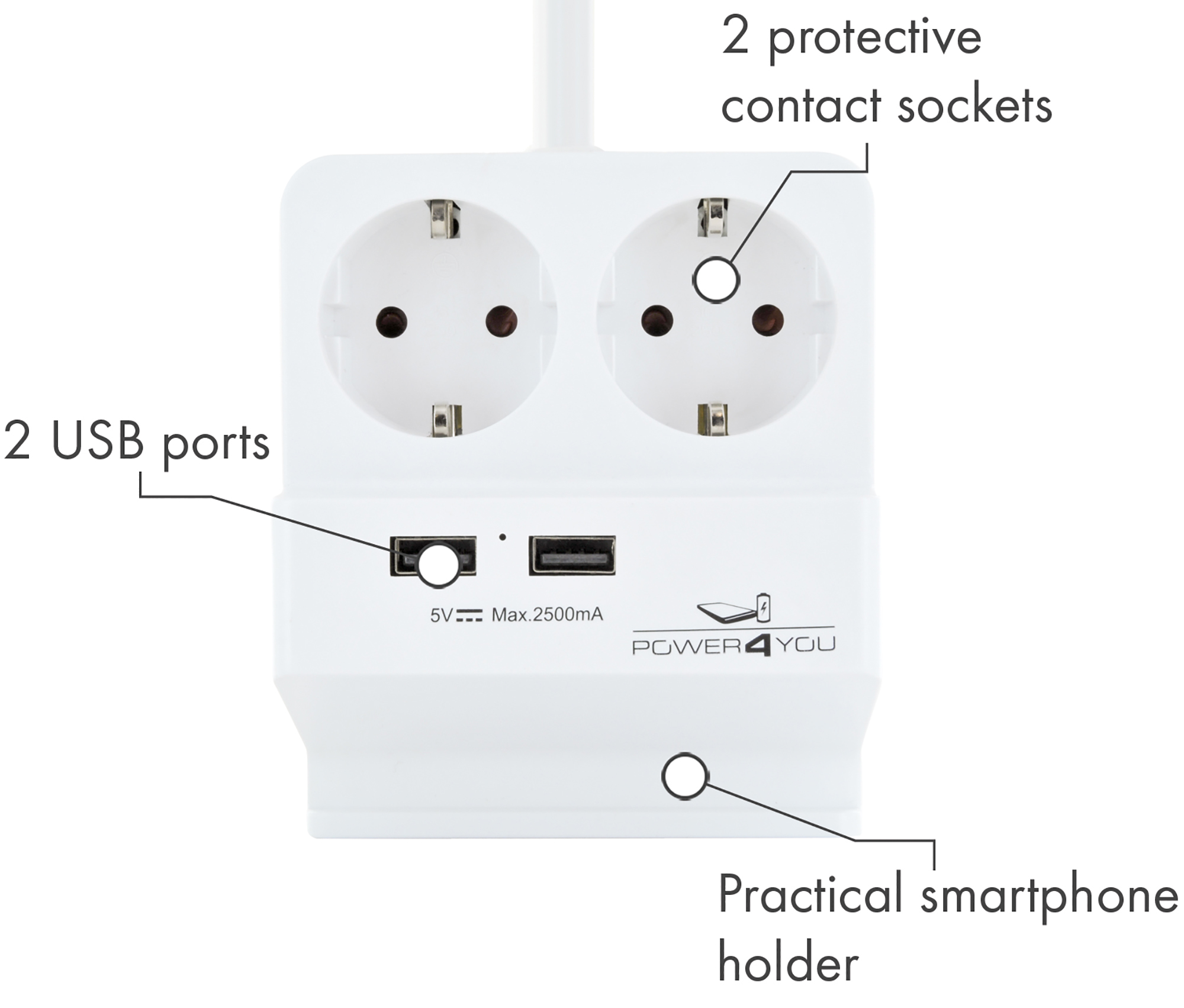 Weiße Steckdosenleiste mit zwei Steckdosen, zwei USB-Anschlüssen und einem Smartphone-Halter.