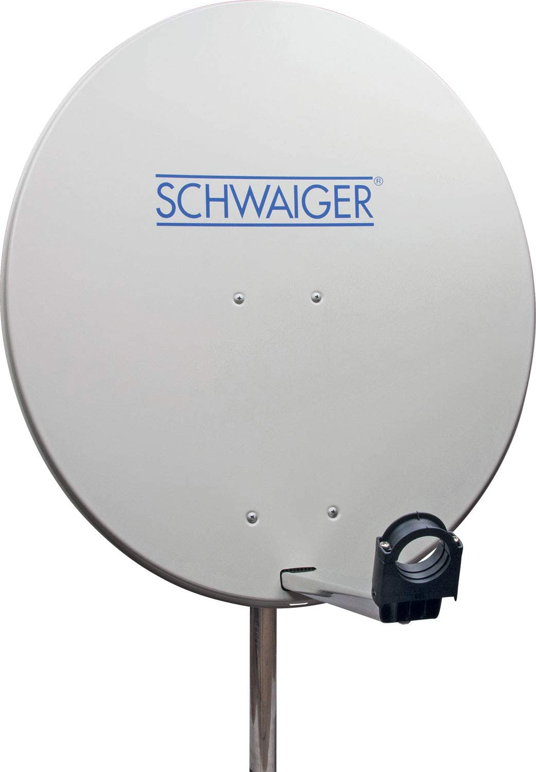 Eine weiße Satellitenschüssel mit dem Wort SCHWAIGER in Blau, auf einem Mast montiert.