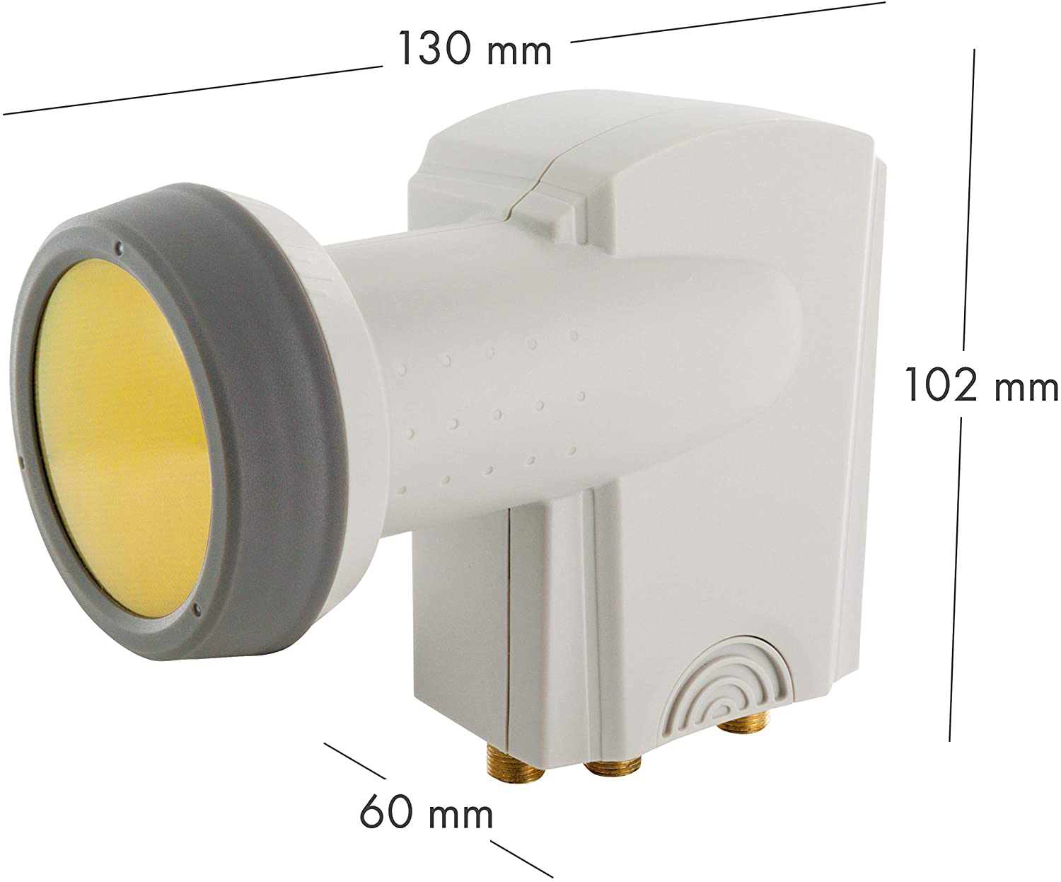 Ein weißes Satelliten-LNB mit beschrifteten Abmessungen. Es hat einen grauen Rand und zwei goldene Anschlüsse.