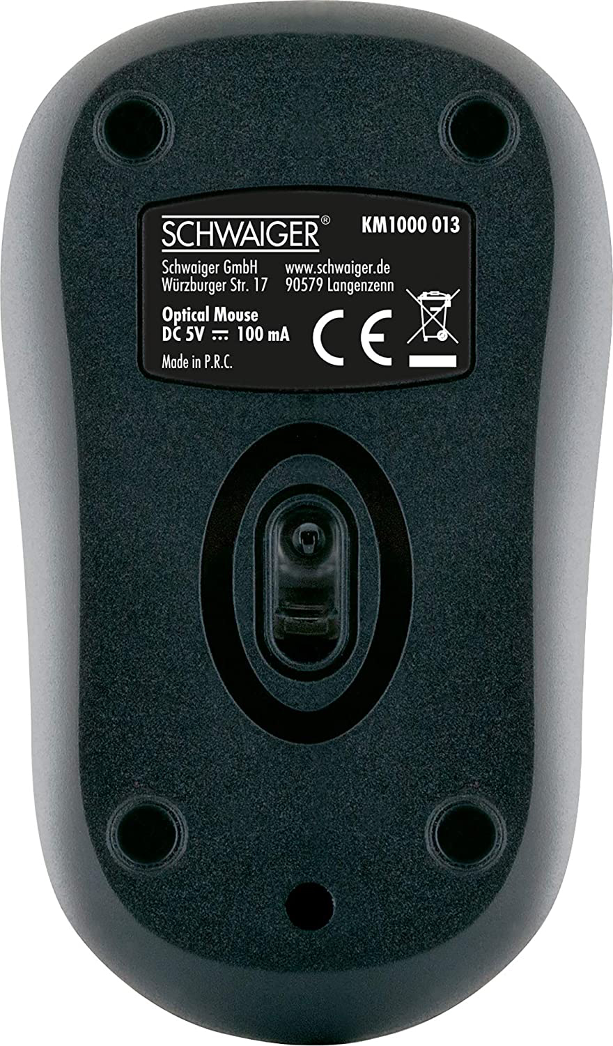 Schwarze Computermaus-Unterseite mit Branding. Optische Maus, DC 5V 100 mA.
