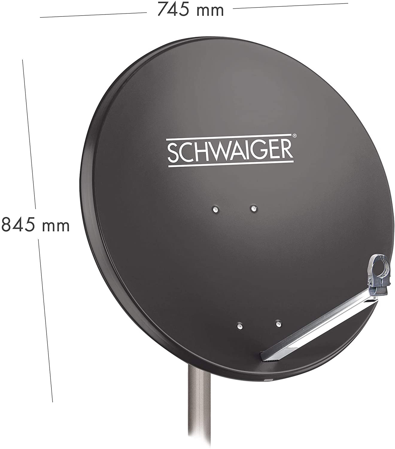 Schwarze Satellitenschüssel mit beschrifteten Abmessungen. Silberner Stützarm und Mast.
