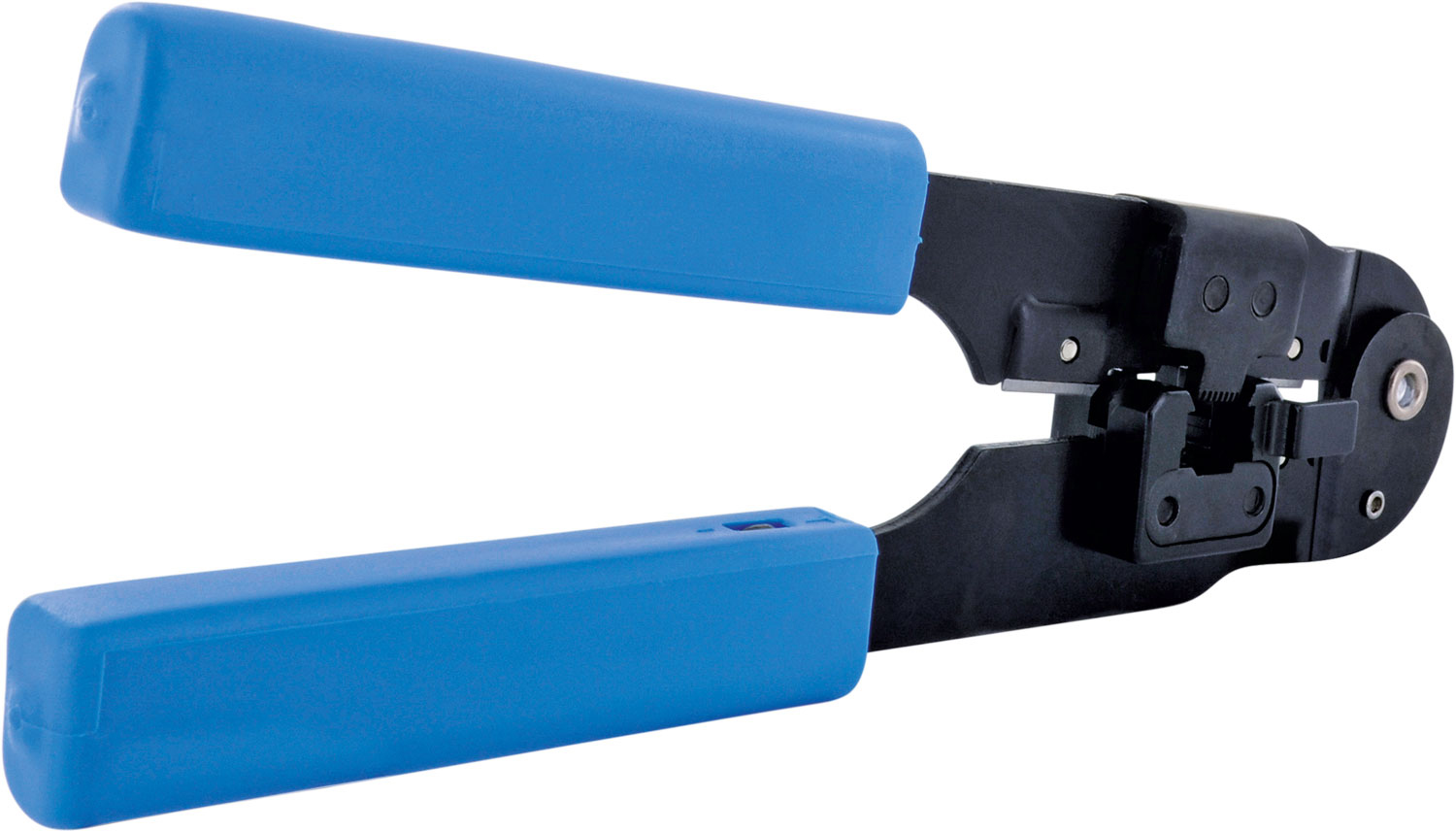 Blau-schwarzes Crimpwerkzeug mit blauen Griffen und silbernem Metallteil.