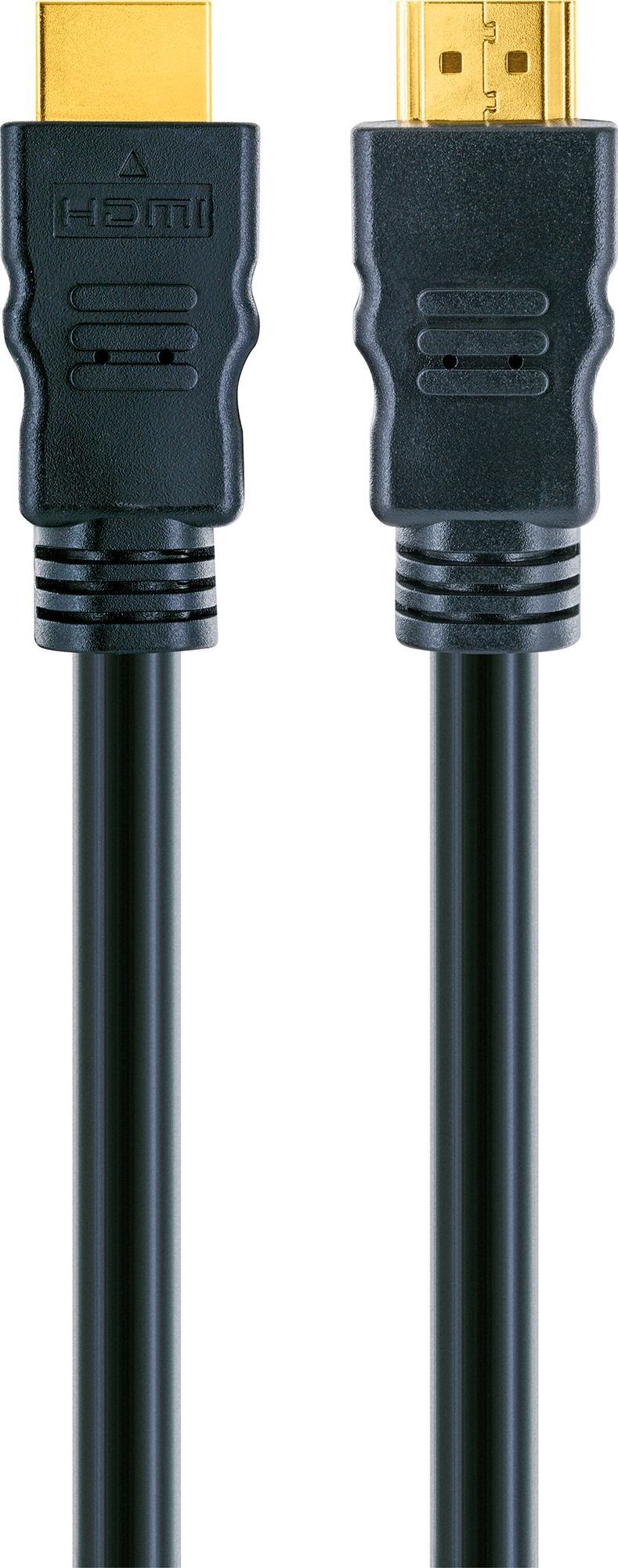 Un câble HDMI noir avec des connecteurs, sur fond blanc.