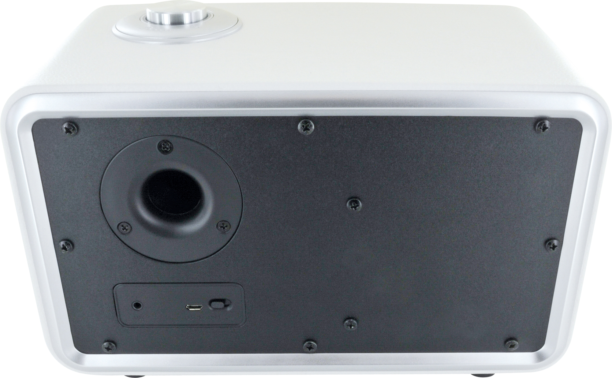 Silberner Lautsprecher hinten mit schwarzem Sockel. Hat einen Subwoofer, einen USB-Anschluss und Schrauben.