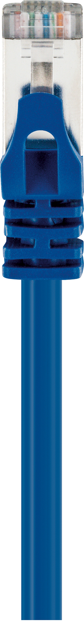 Primo piano di un connettore per cavo Ethernet blu. Il cavo è blu e ha una copertura in plastica trasparente.