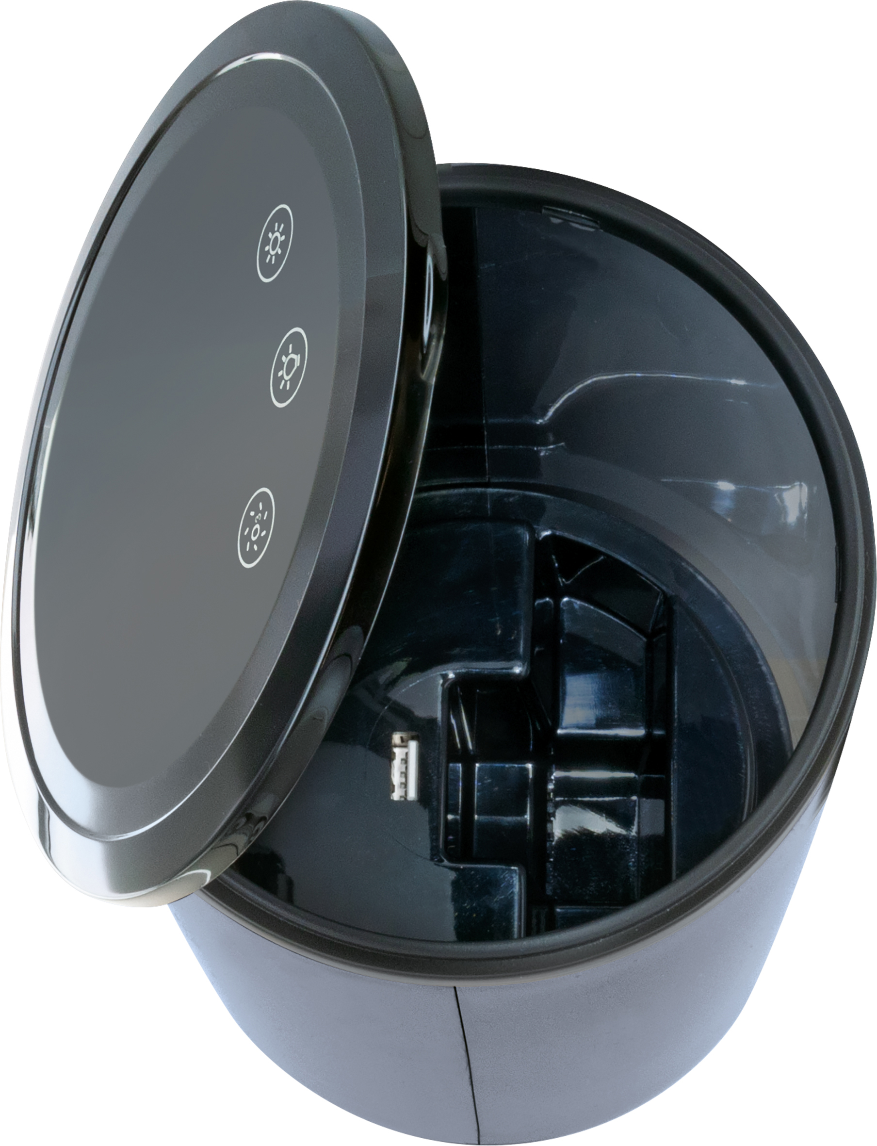Schwarzes und graues Smart-Home-Gerät mit geöffnetem, rundem Deckel, Innenansicht.