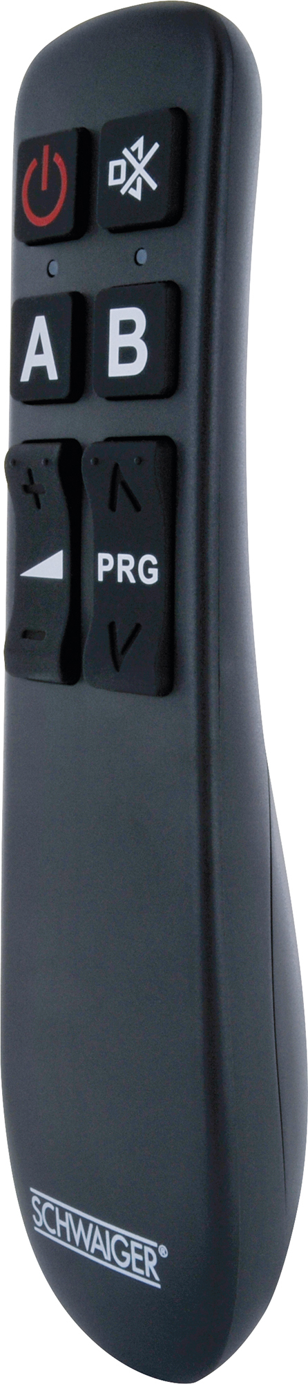 Czarny pilot z kilkoma przyciskami. Zawiera włącznik/wyłącznik, wyciszanie i regulację głośności.