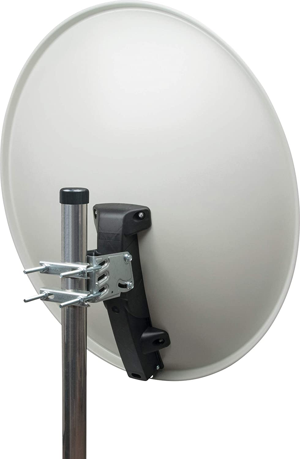 Eine Satellitenschüssel an einem Mast, mit einem schwarzen Tragarm und weißer Schüssel.