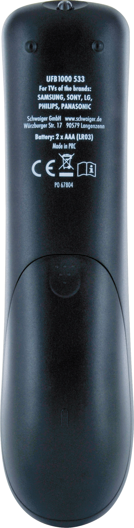 Czarny pilot, tekst na odwrocie: marki, Samsung, Sony, LG, Philips, Panasonic.