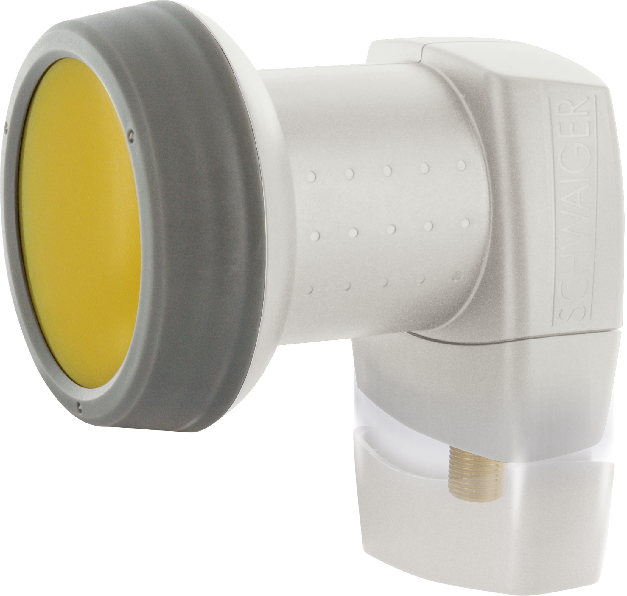 Satelliten-LNB in Grau und Weiß mit gelber Öffnung.