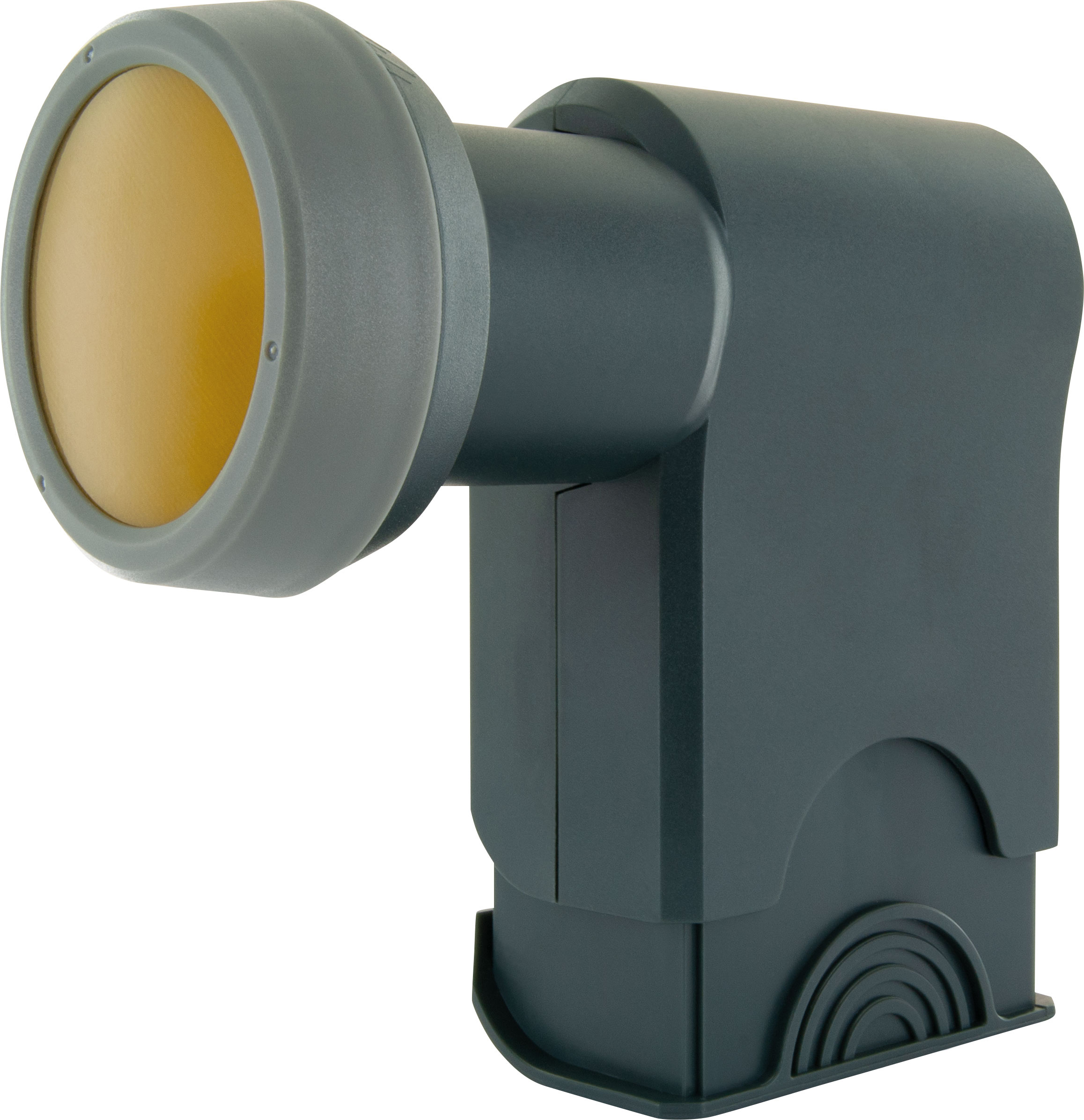 Grauer Satelliten-LNB. Gelbes kreisförmiges Element. Dunkelgraues Gehäuse.