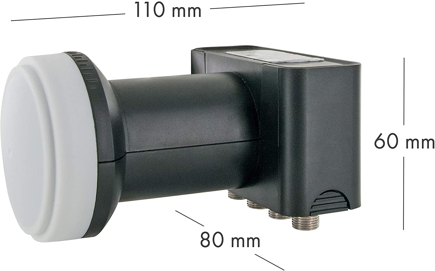 Ein schwarzer LNB mit weißer Front, misst 110 mm lang und 80 mm breit, mit einer Höhe von 60 mm.