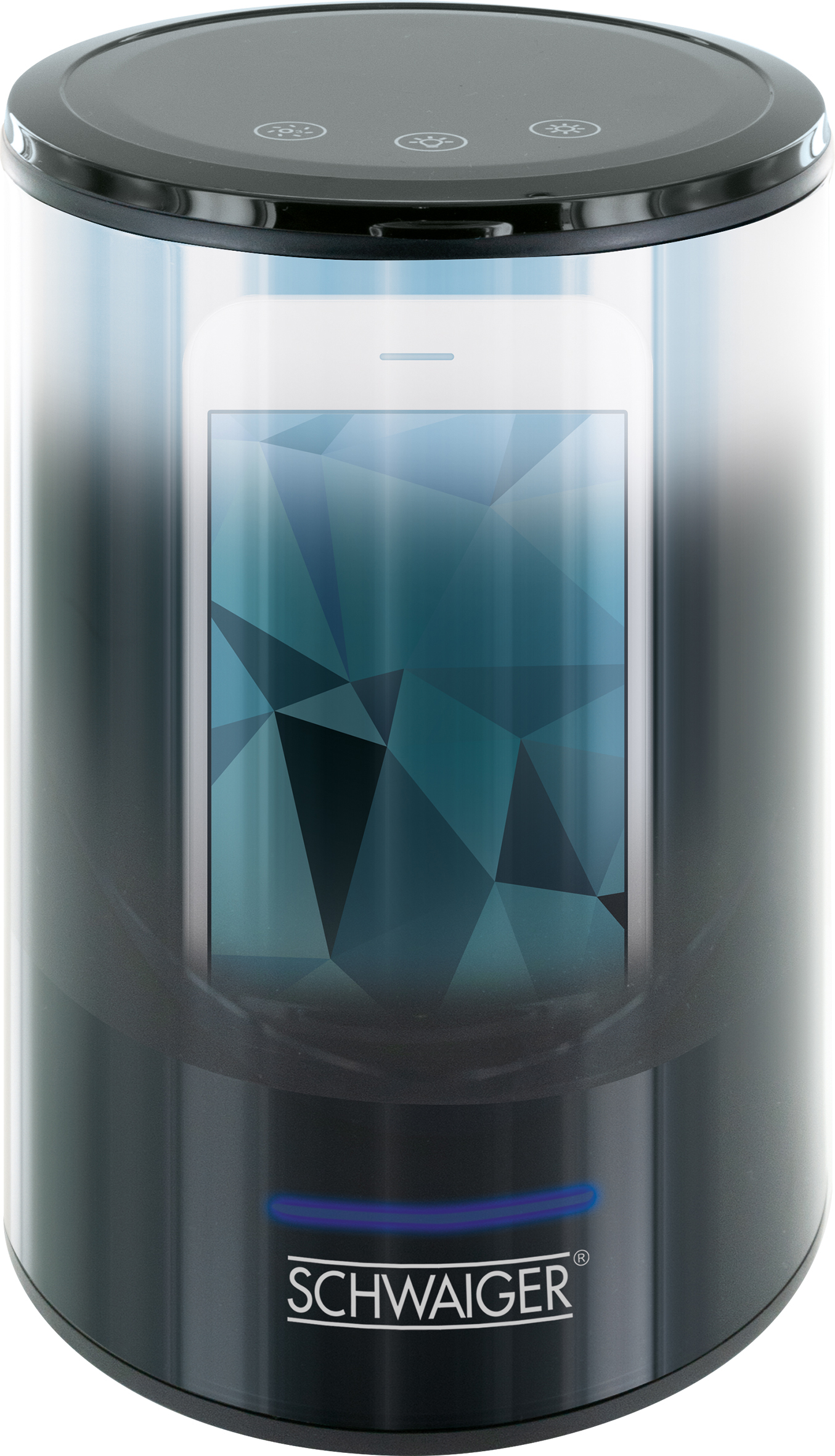 Schwarzes und klares zylindrisches Gerät mit einem Telefon darin. Es hat einen blauen Sockel.