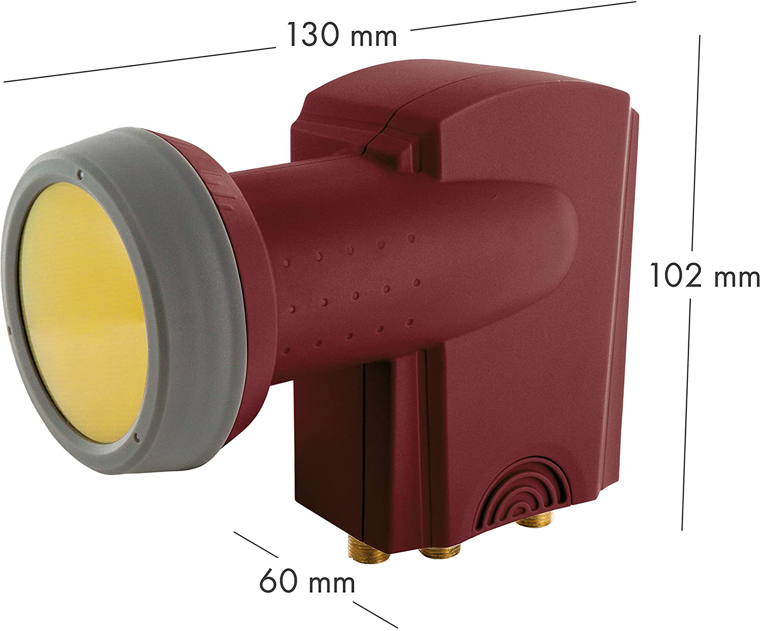Bordeauxrotes LNB mit Messungen und Abmessungen, mit gelbem Deckel und grauem Ring.