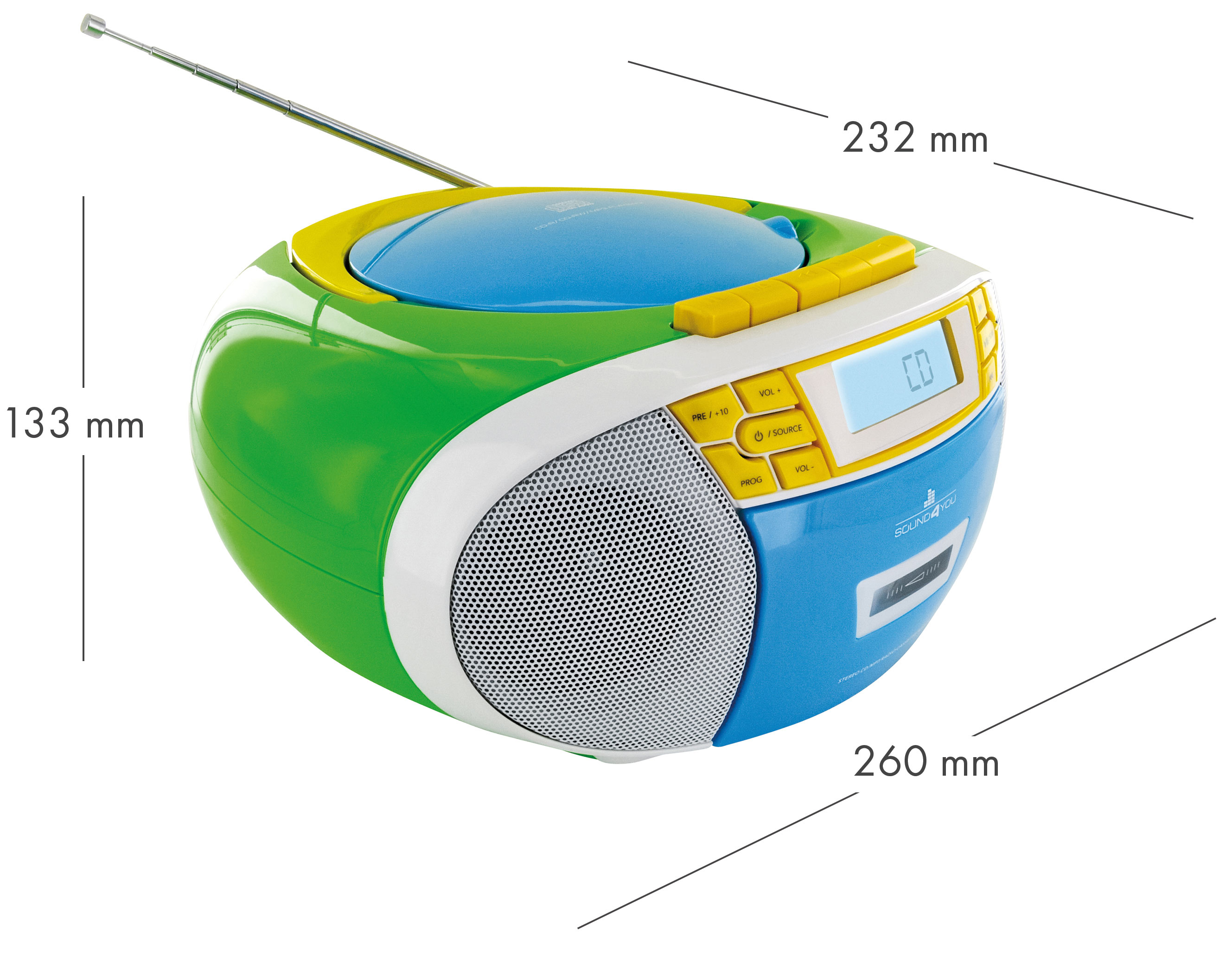 CD-Player-Radio. Grün, blau und gelb. Hat einen CD-Schlitz, Knöpfe und eine Antenne.