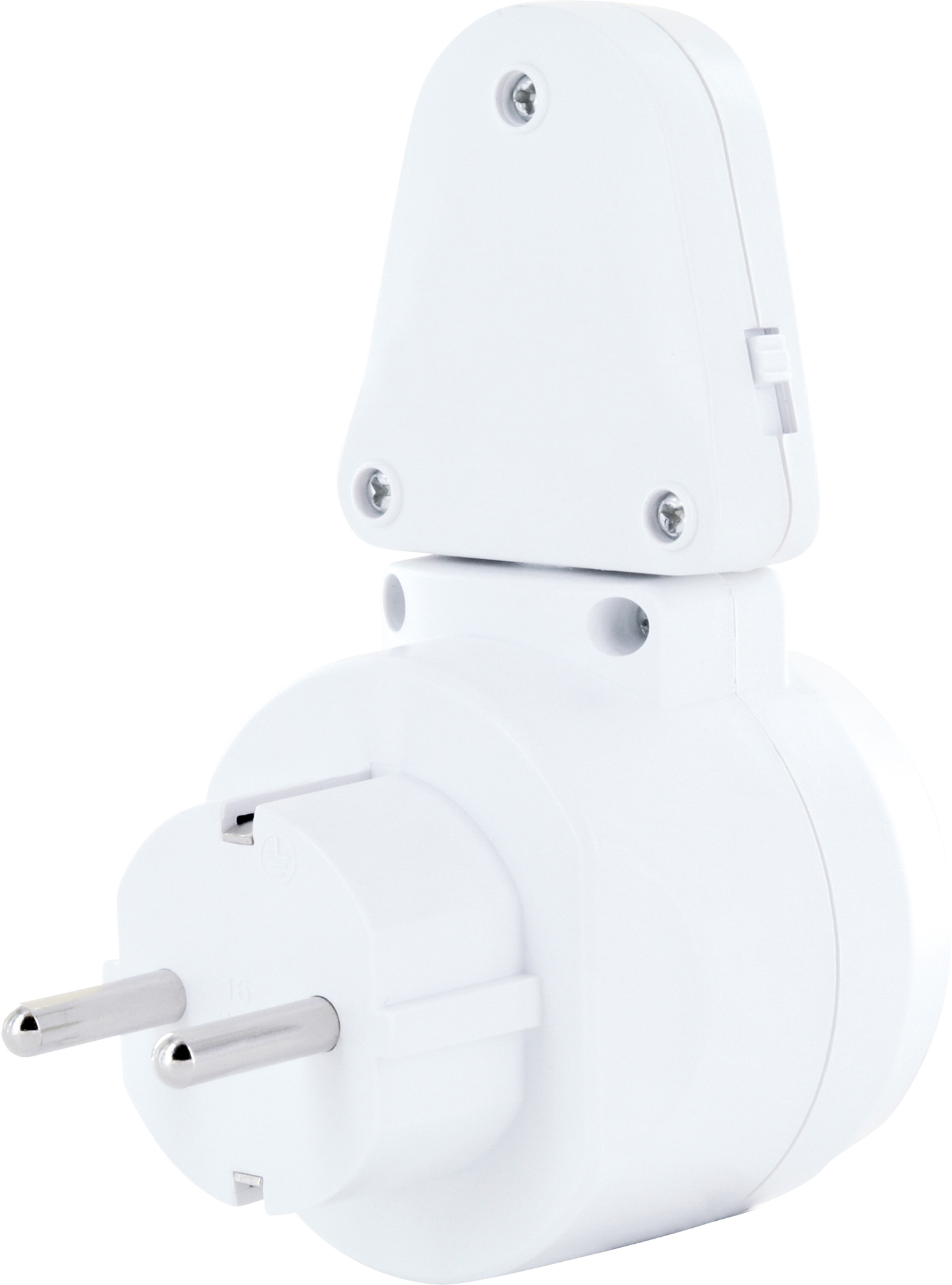 Weißer Netzadapter. Hat zwei Stifte und einen oberen Teil mit zwei Schraubenlöchern.