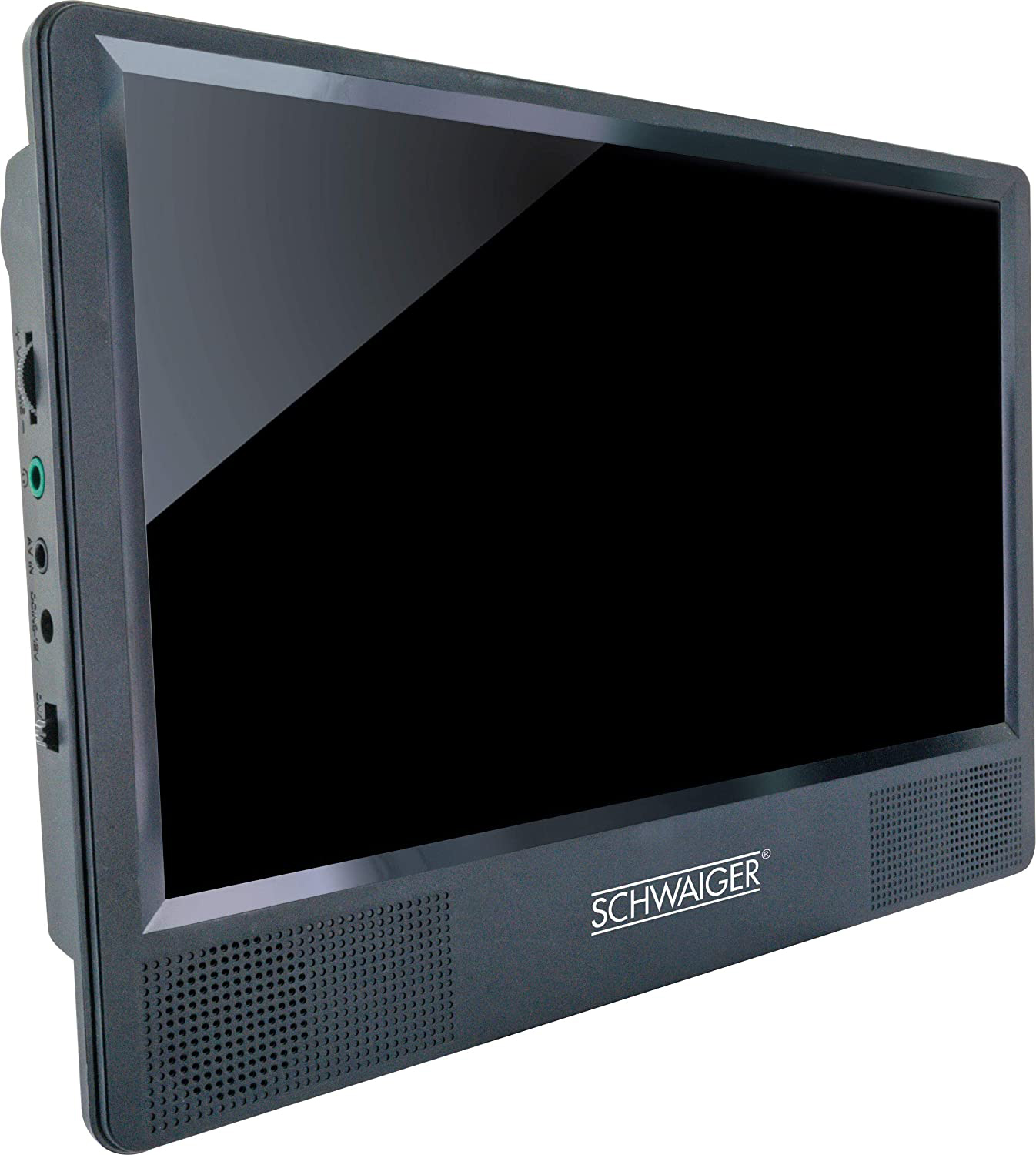 Schwarzer tragbarer DVD-Player mit Bildschirm und Lautsprechern, beschriftet SCHWAIGER.