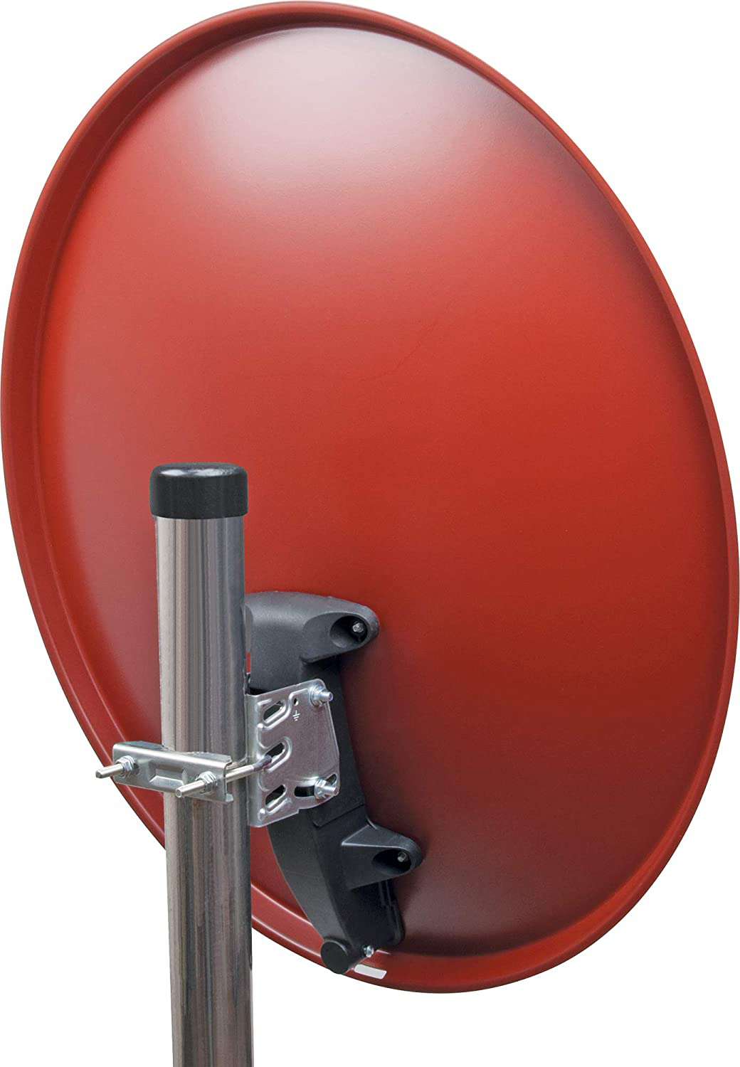 Roter Satellitenspiegel mit Haltearm. Weißer Hintergrund.