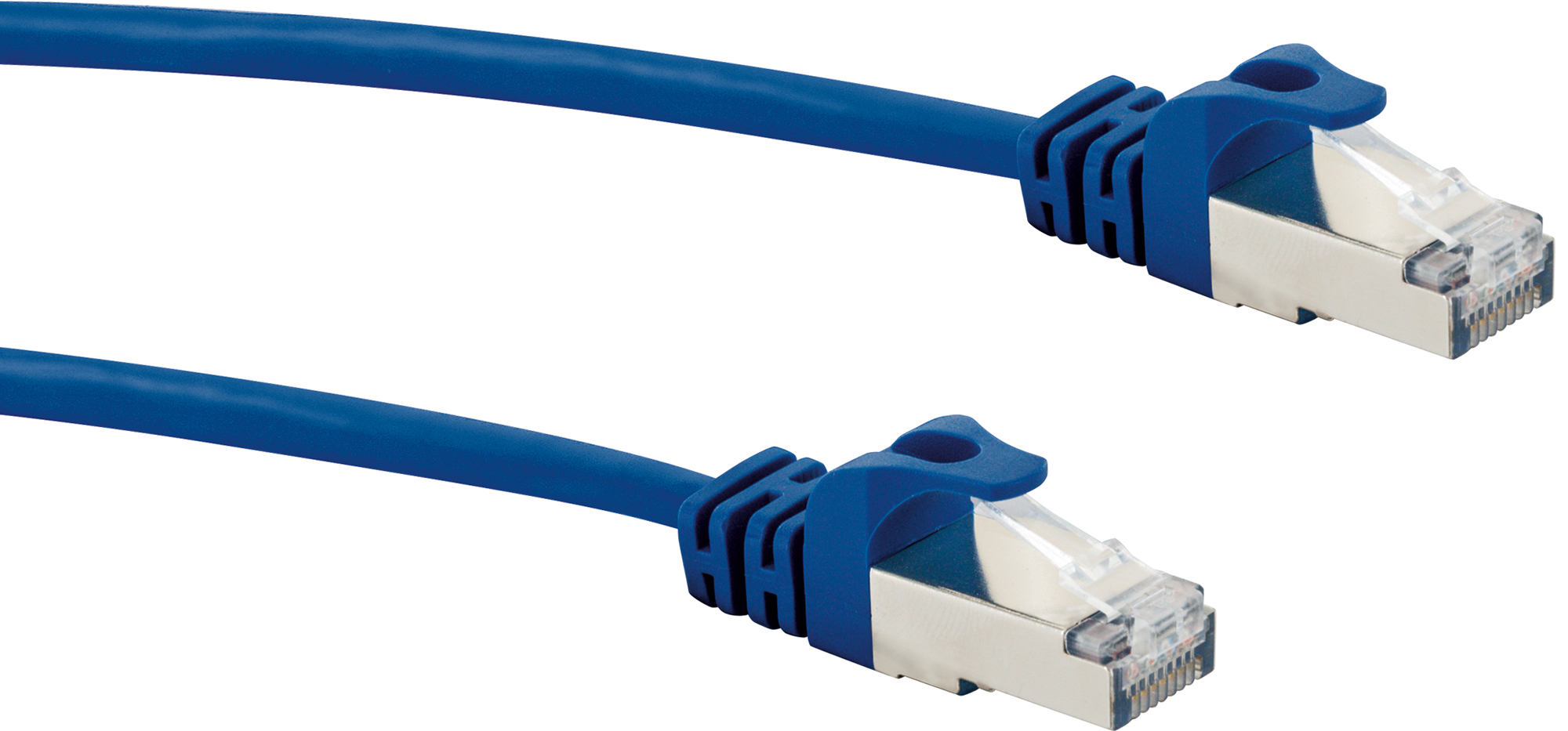 Un cavo Ethernet blu con connettori su ciascuna estremità, pronto per essere collegato a un dispositivo.
