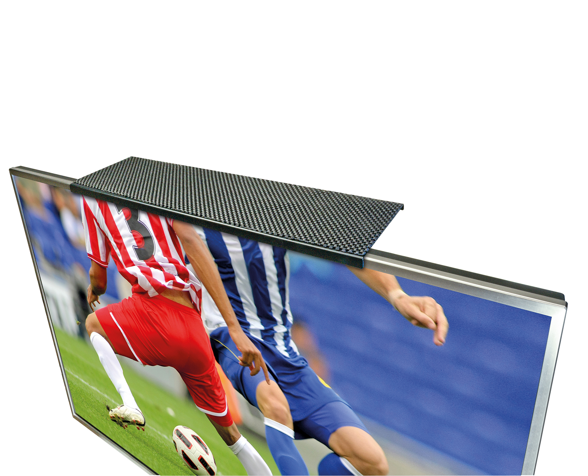 TV-Bildschirm mit schwarzem Regal oben. Zeigt Fußballspieler in einem Spiel.