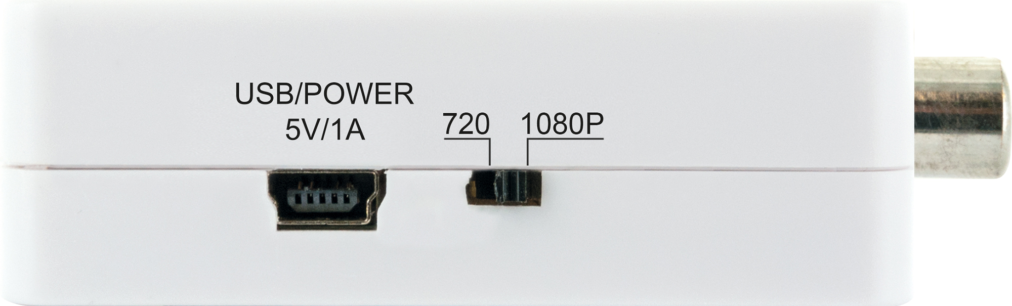 Weißes Gerät mit USB- und Koaxialanschlüssen.