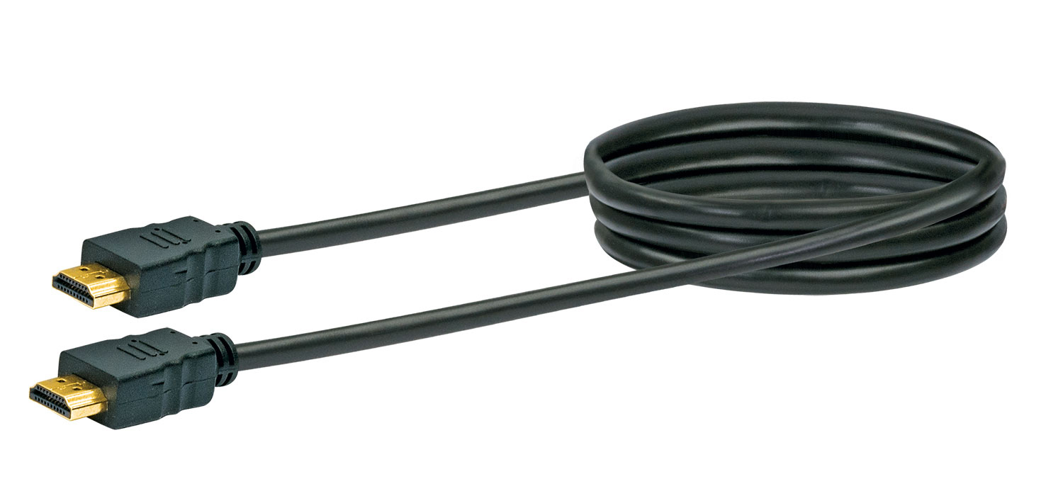 Schwarzes HDMI-Kabel mit goldfarbenen Steckern, aufgerollt.