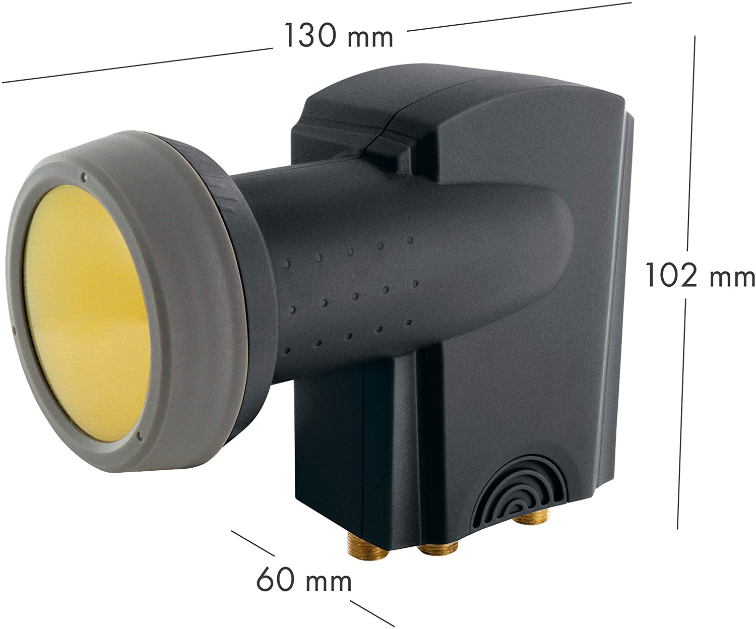 Satelliten-LNB, schwarz und grau, mit gelber Abdeckung. Abmessungen: 130x102x60 mm.