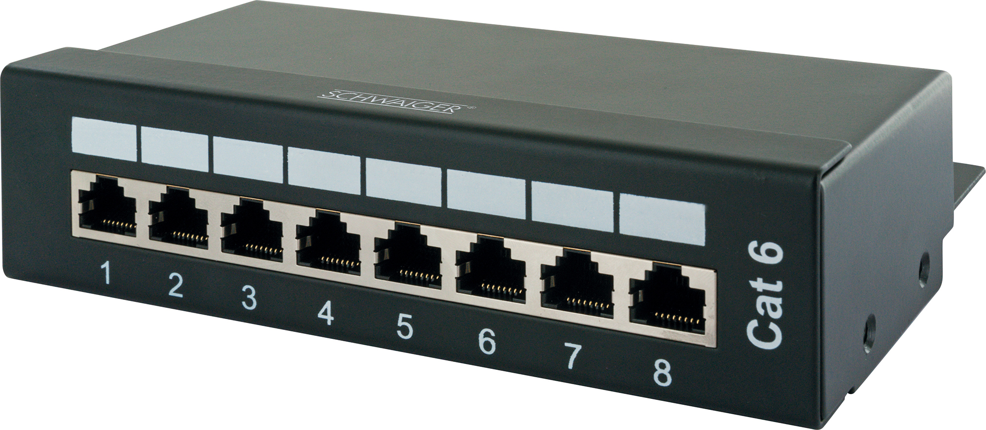 Ein schwarzes Cat 6 Patchpanel mit acht nummerierten Ports, vor weißem Hintergrund. Der Markenname ist sichtbar.