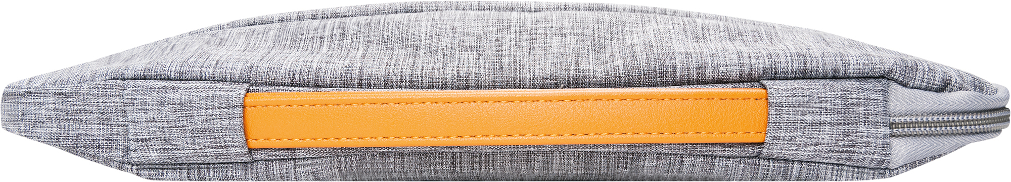 Graue und weiße Laptoptasche mit orangefarbenem Ledergriff und Reißverschluss. Weißer Hintergrund.