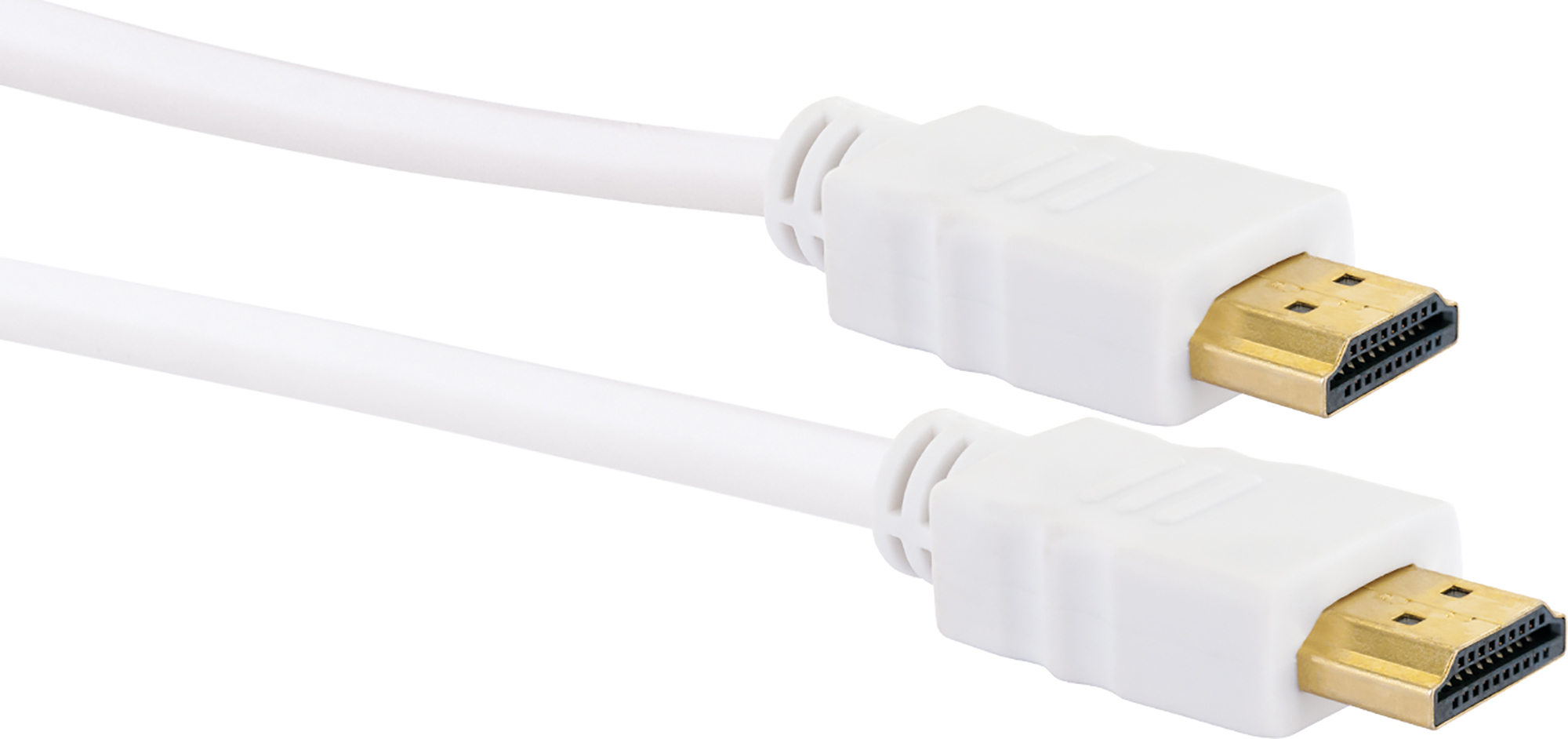 Weißes HDMI-Kabel mit goldfarbenen Steckern an beiden Enden, isoliert auf weißem Hintergrund.