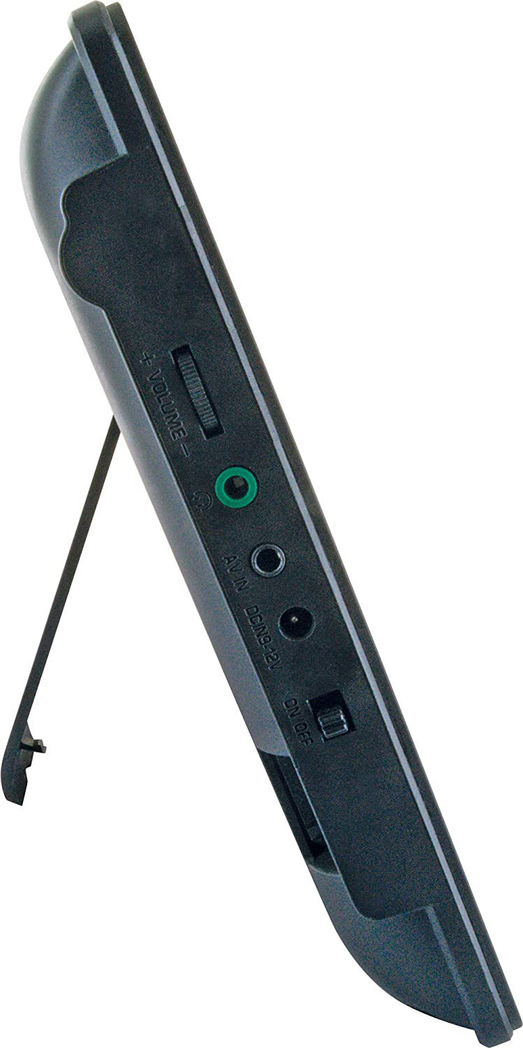 Schwarzer tragbarer DVD-Player, Seitenansicht. Lautstärke, Eingänge und Ein-/Ausschalter sichtbar. Weißer Hintergrund.