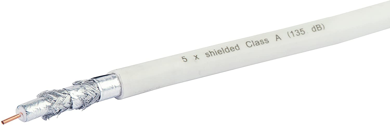 Weißes Koaxialkabel mit sichtbarem Kupferkern und Metallabschirmung. Text lautet '5 x shielded'.