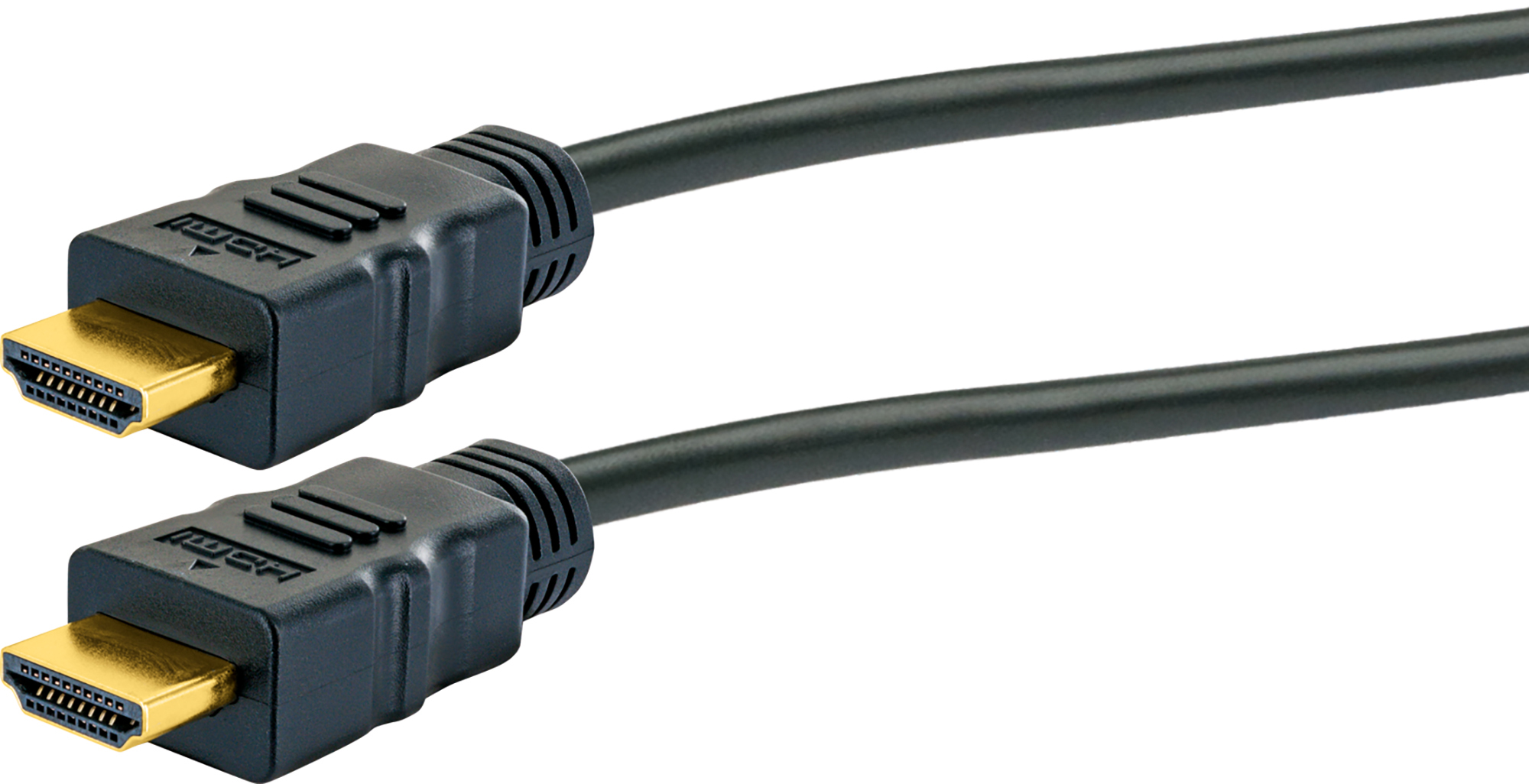 Câble HDMI noir avec connecteurs dorés, sur fond blanc.