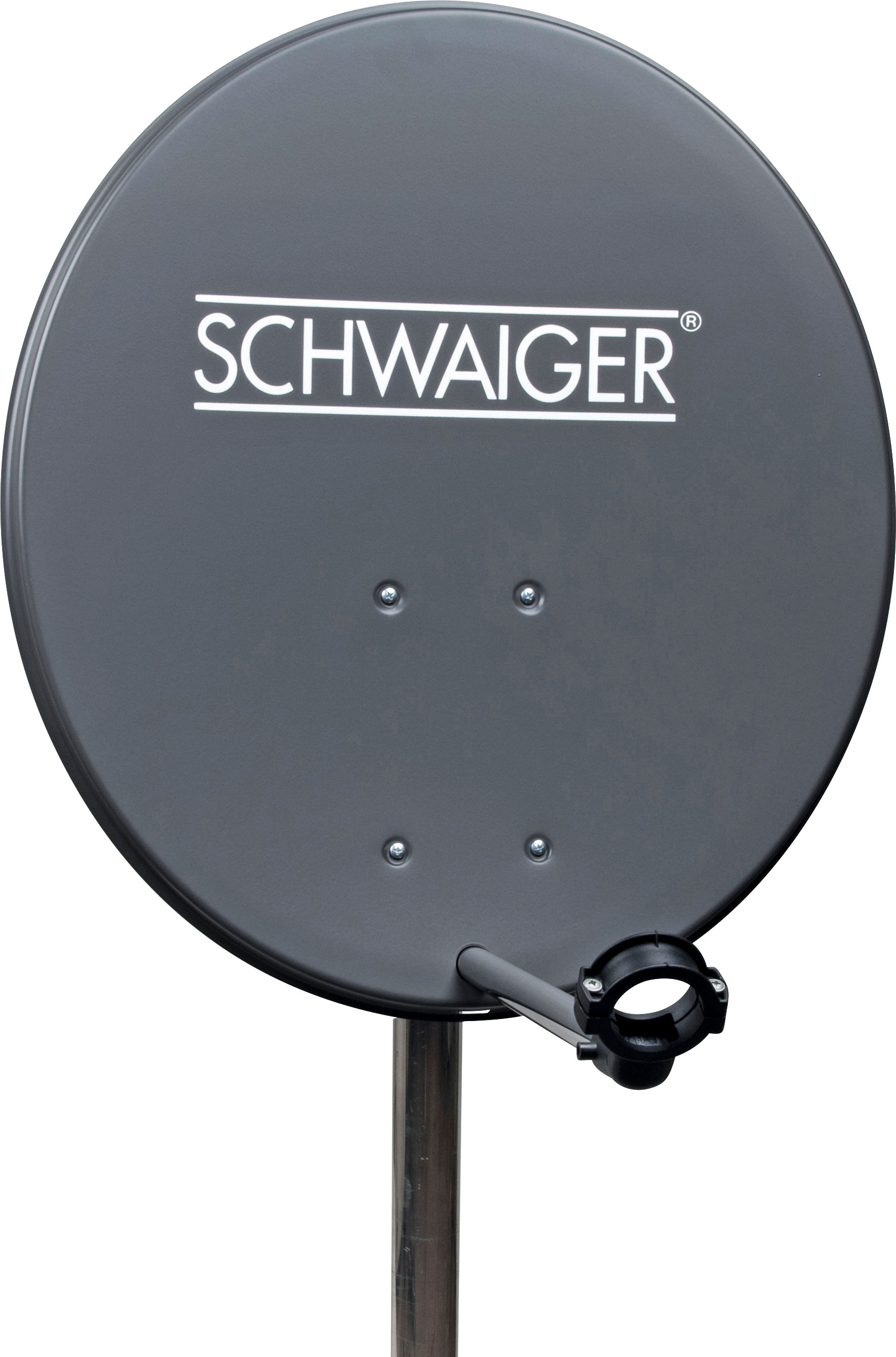 Eine graue SCHWAIGER-Satellitenschüssel mit dem Markennamen. Sie ist an einer Stange befestigt.