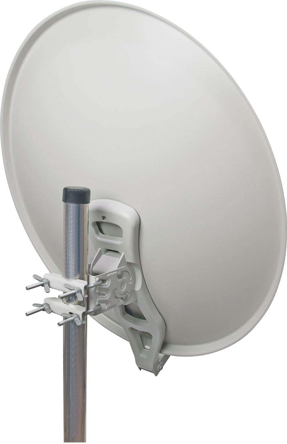 Eine weiße Satellitenschüssel mit Montagearm und Stützstange. Die Schüssel ist angewinkelt.