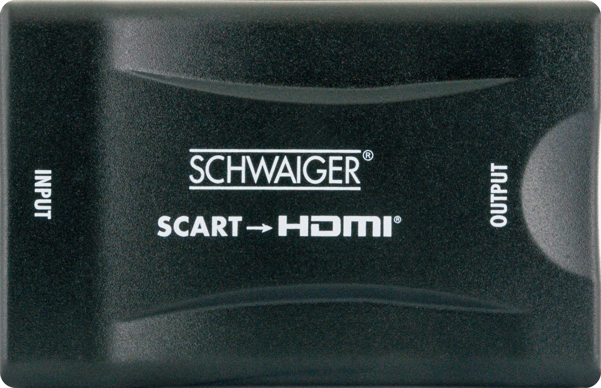 Ein schwarzer SCART-zu-HDMI-Konverter mit Eingangs- und Ausgangsbezeichnungen.
